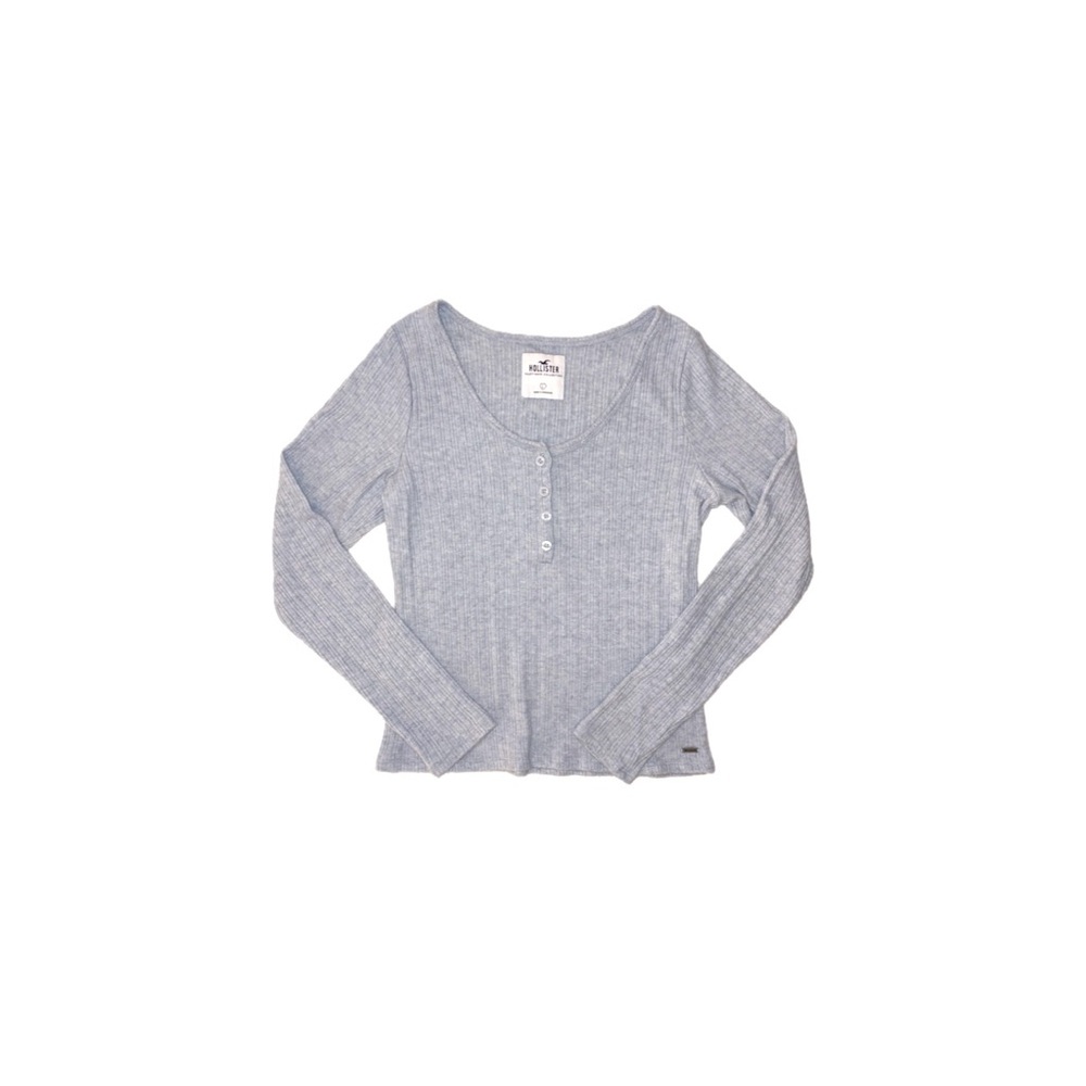 Hollister Ribbed Henley Long Sleeve Knit Top Shirt in Light Blue - Size Large